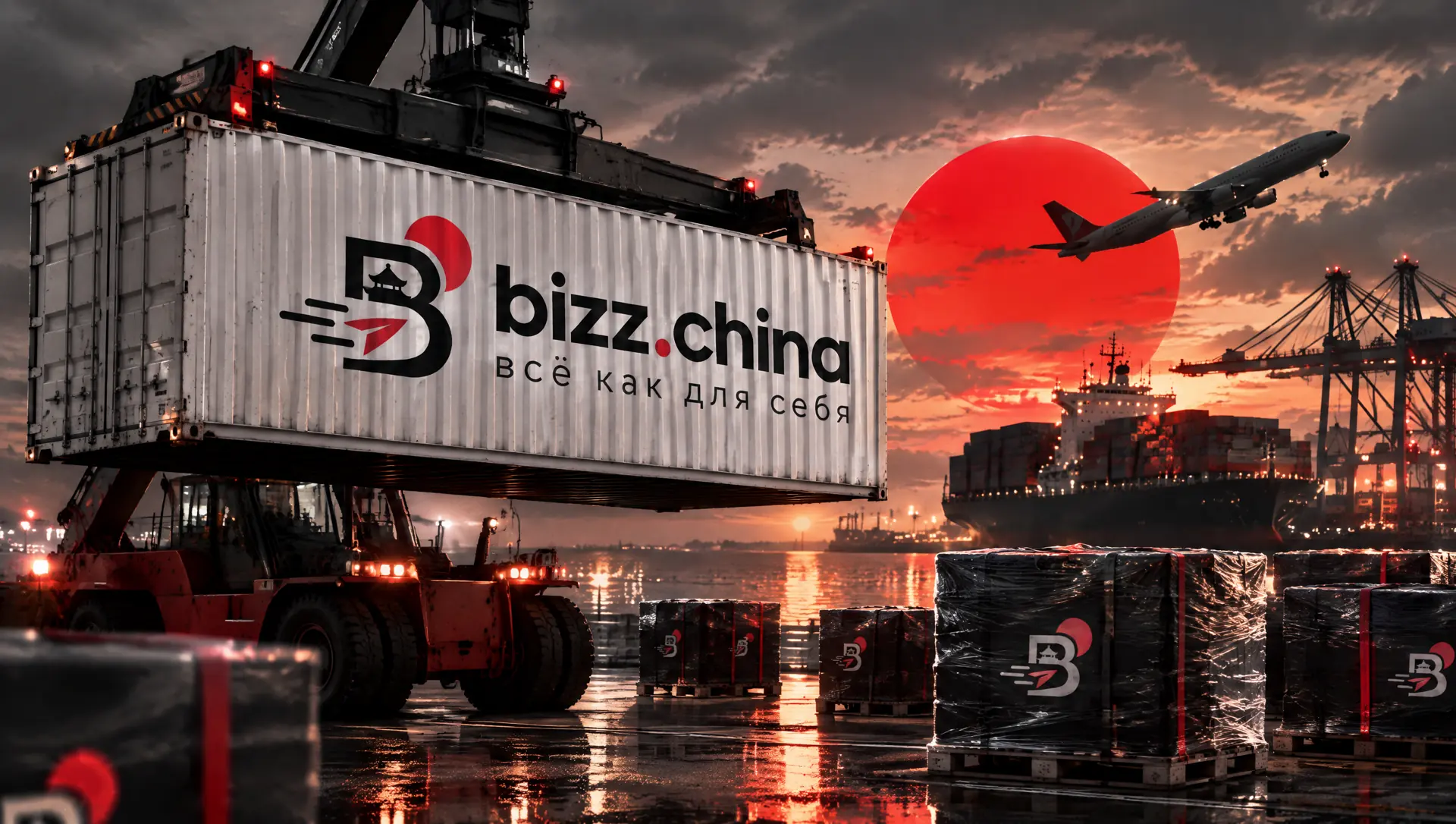 红日下，港口正在装载 BIZZ.CHINA 集装箱